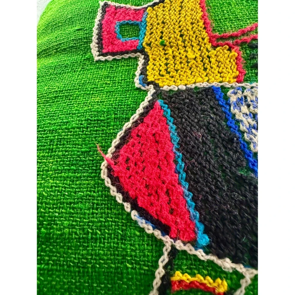 Vintage Peruvian Folk‎ Art Embroidered Wool Pillow Green Andean Figure 13x13